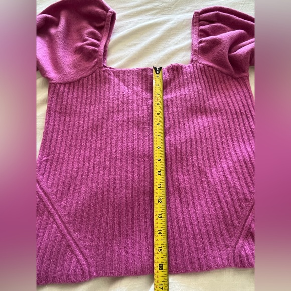 Halogen Puff Sleeve Ribbed Sweater Wool Blend square neck pink Sz: L NWT - Picture 7 of 11
